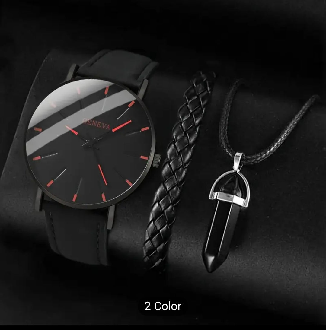 Elegante reloj con pulsera de cuero sintético, acompañado de brazaletes y collar para chico