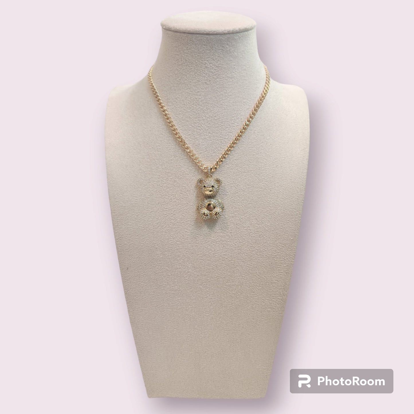 Cadena cubana con osito mediano con Zirconias Blancas