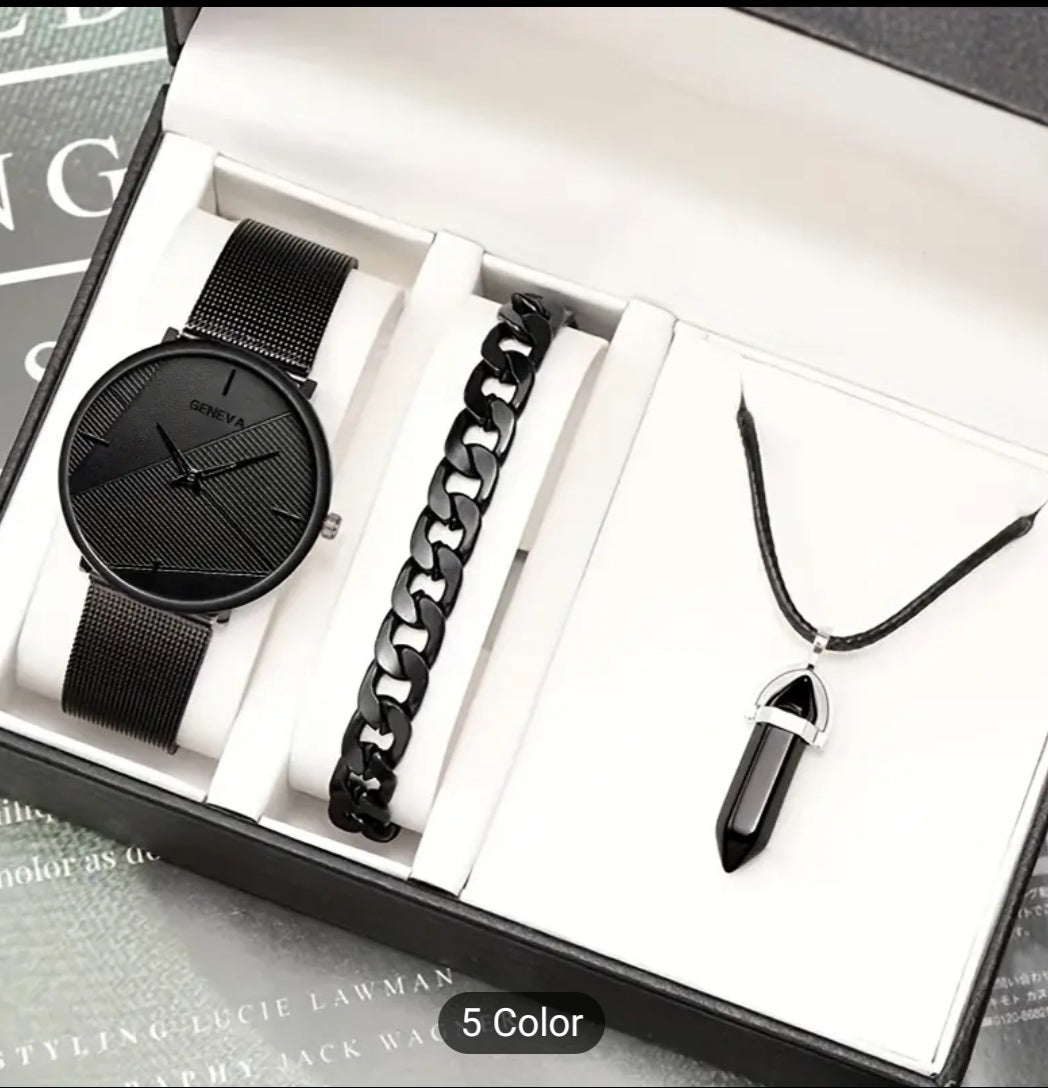 Sutil y elegante reloj de metal negro con collar y brazalete para chicos