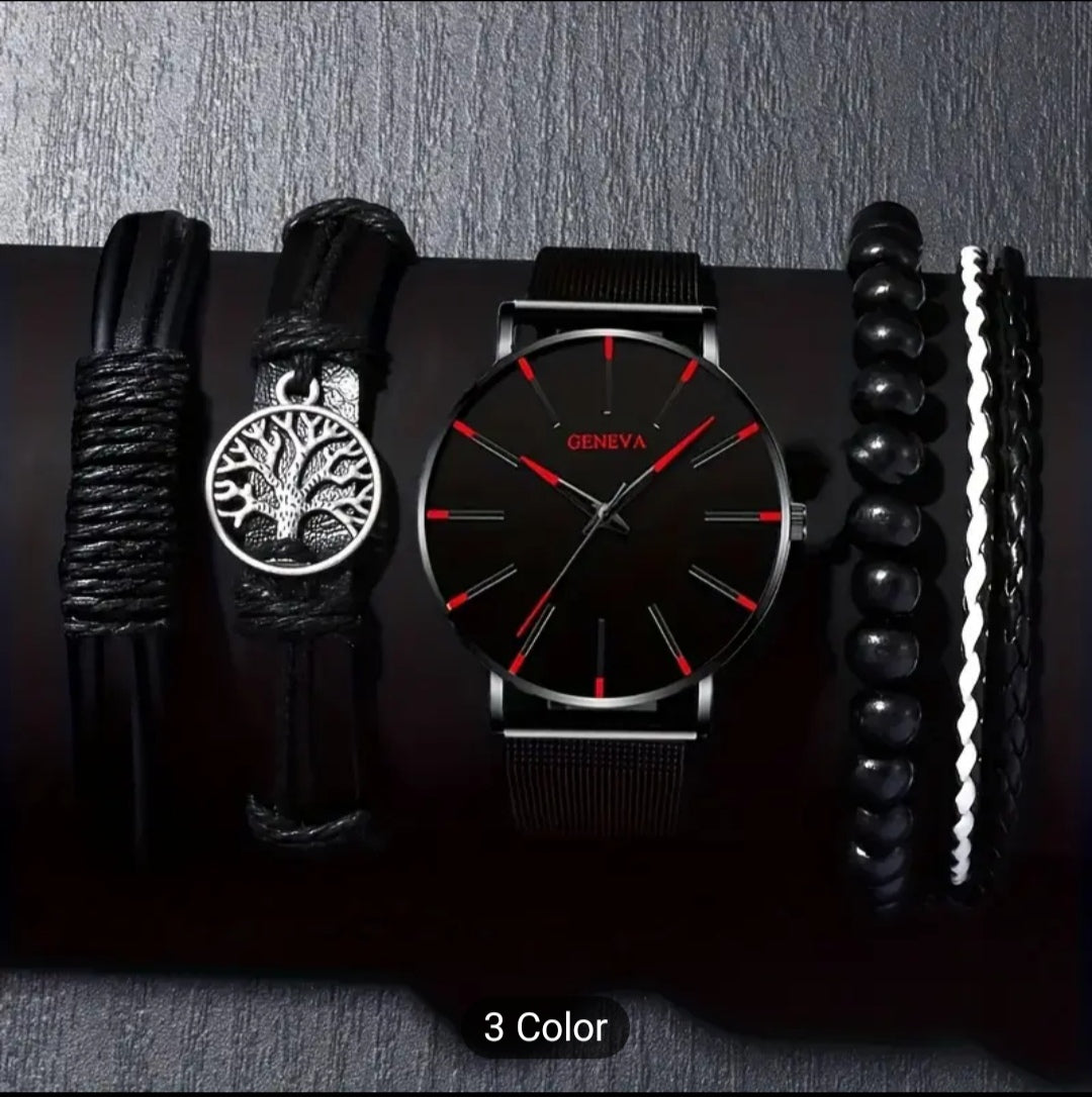 Reloj, pulsera y collar elegantes para chico en color negro