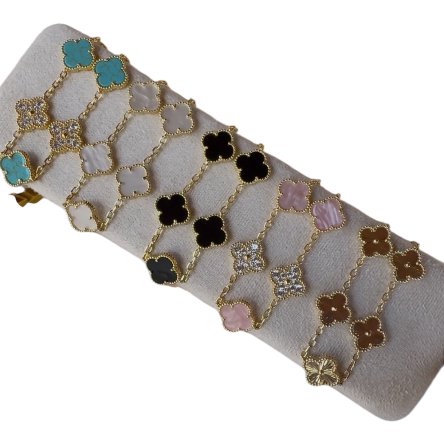 Pulseras de flor: roja, verde, negro, dorado, turquesa y blanco